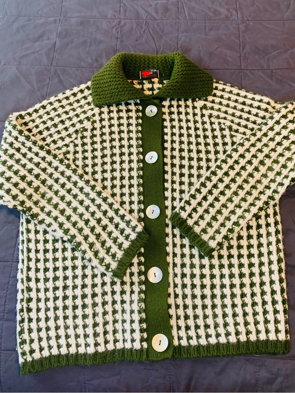Vintage St Michael Women’s Olive & Cream Grandpa-core Button-Up Knit Cardigan.